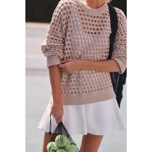 Anthropologie Varley Harshaw Sweater Peyote Beige SMALL Open Knit Cotton Women